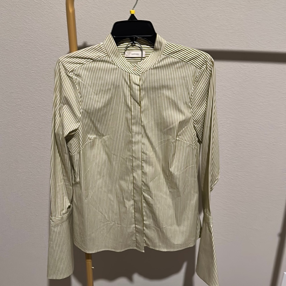 SUISTUDIO Green White striped shirt w/ Mandarin Collar US8, 38